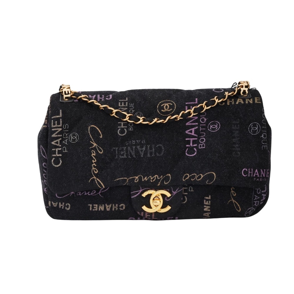 CHANEL PRINTED LOGO BLACK DENIM LARGE GRAFFITI FLAP BAG (2021)